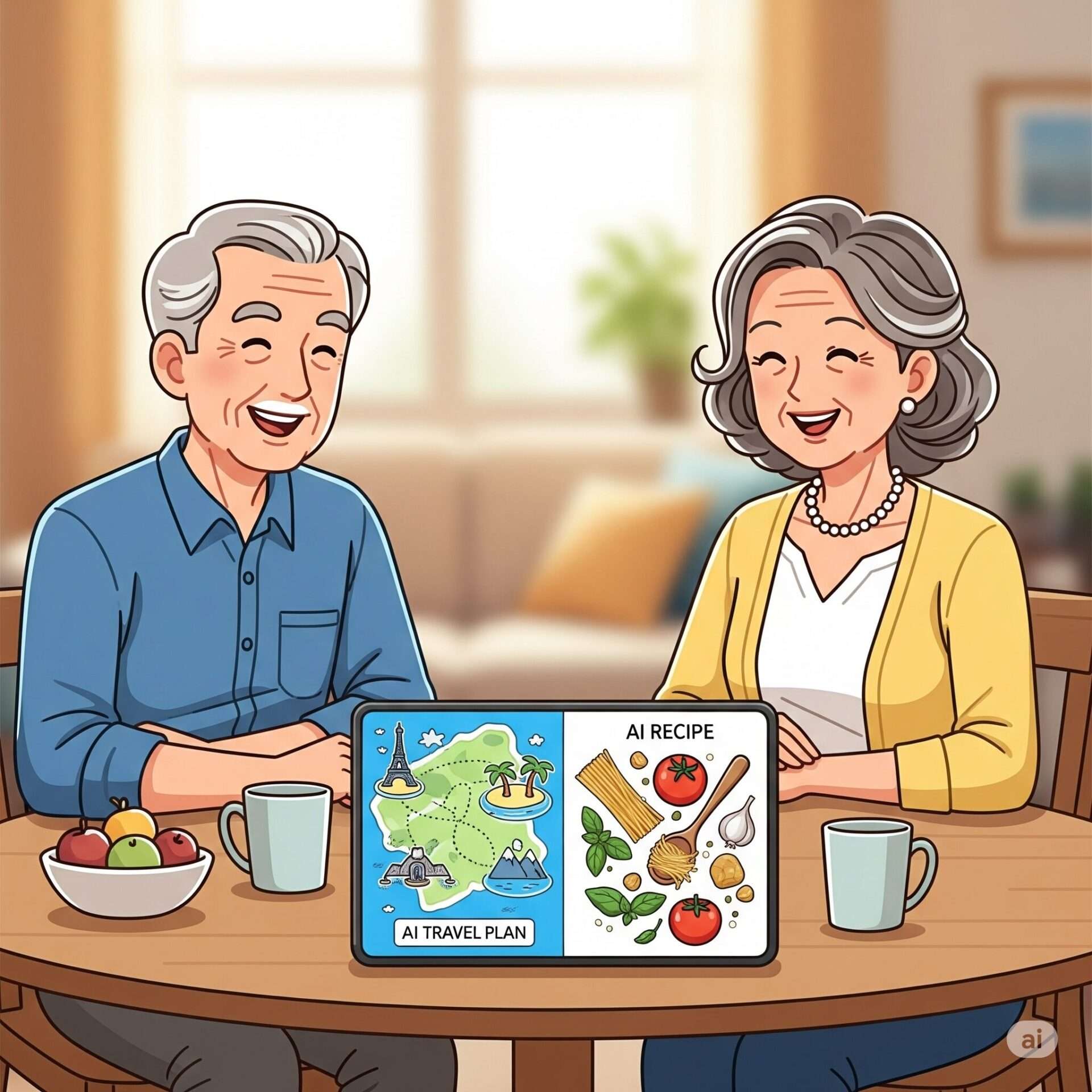テーブルを囲んで、シニアの男女がタブレットを見ながら楽しそうに話しているイラスト