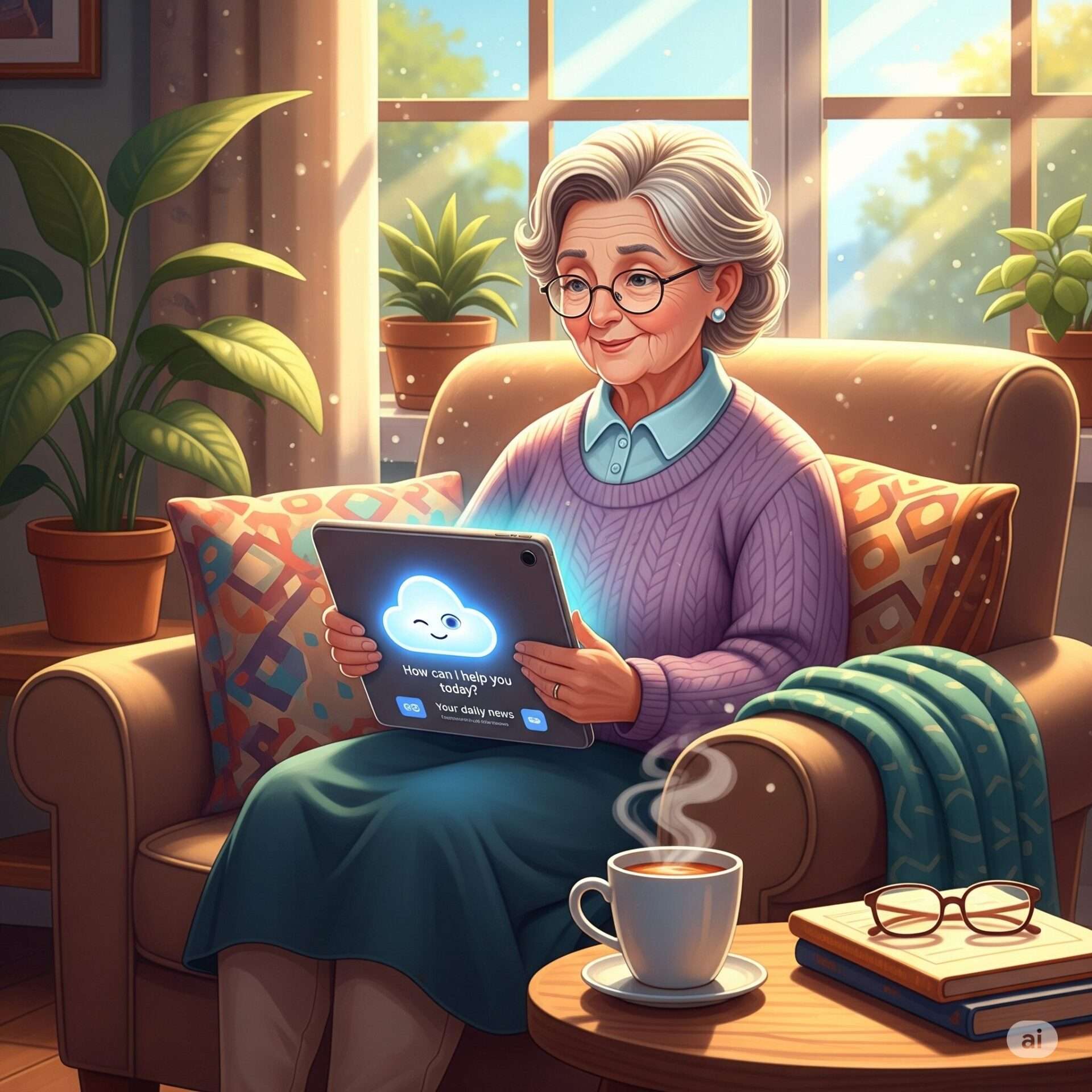 暖かく、居心地の良いリビングルームのソファに座った60代の夫婦が、タブレット端末をのぞきこみながら微笑んでいます。タブレットの画面には、AIが生成した美しい風景画が映し出されており、二人の周りにはコーヒーカップや編みかけのセーターが置かれています。午後のおだやかな光が差し込み、二人の顔を優しく照らしている様子を描写するイラストです。