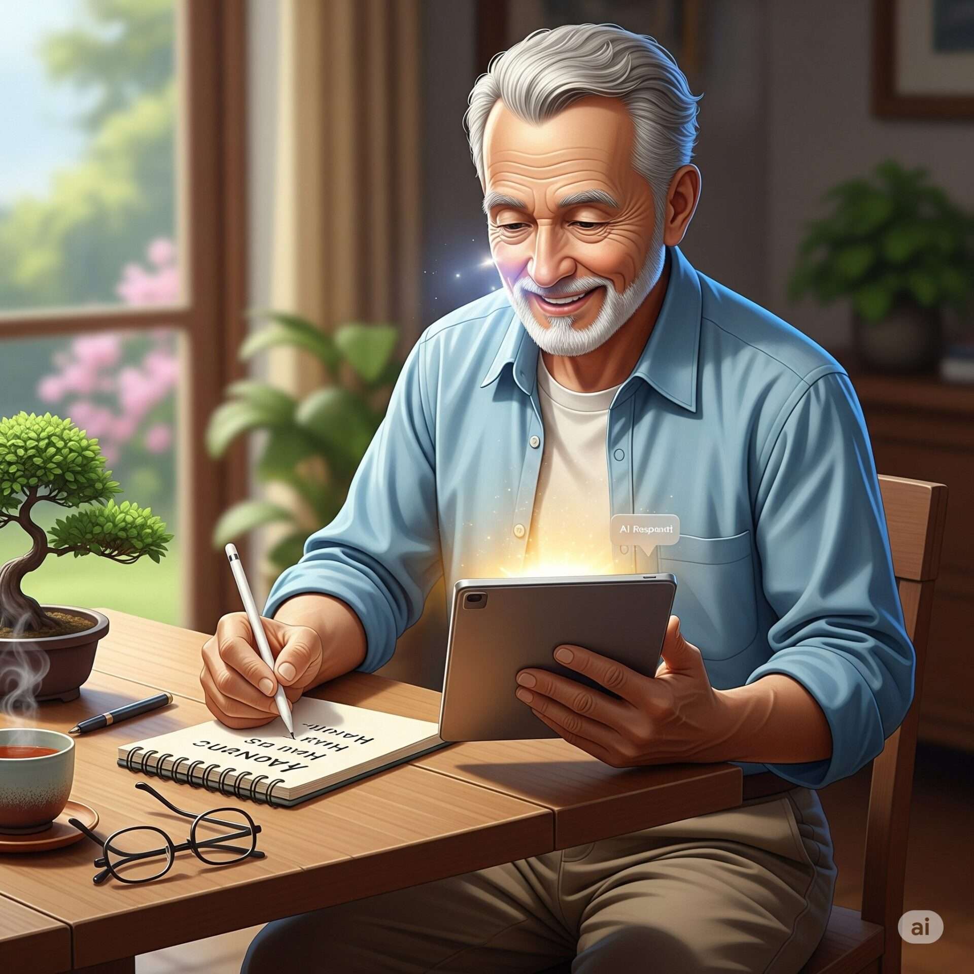 俳句を楽しむシニア男性がタブレットとメモ帳に向かっているイラスト