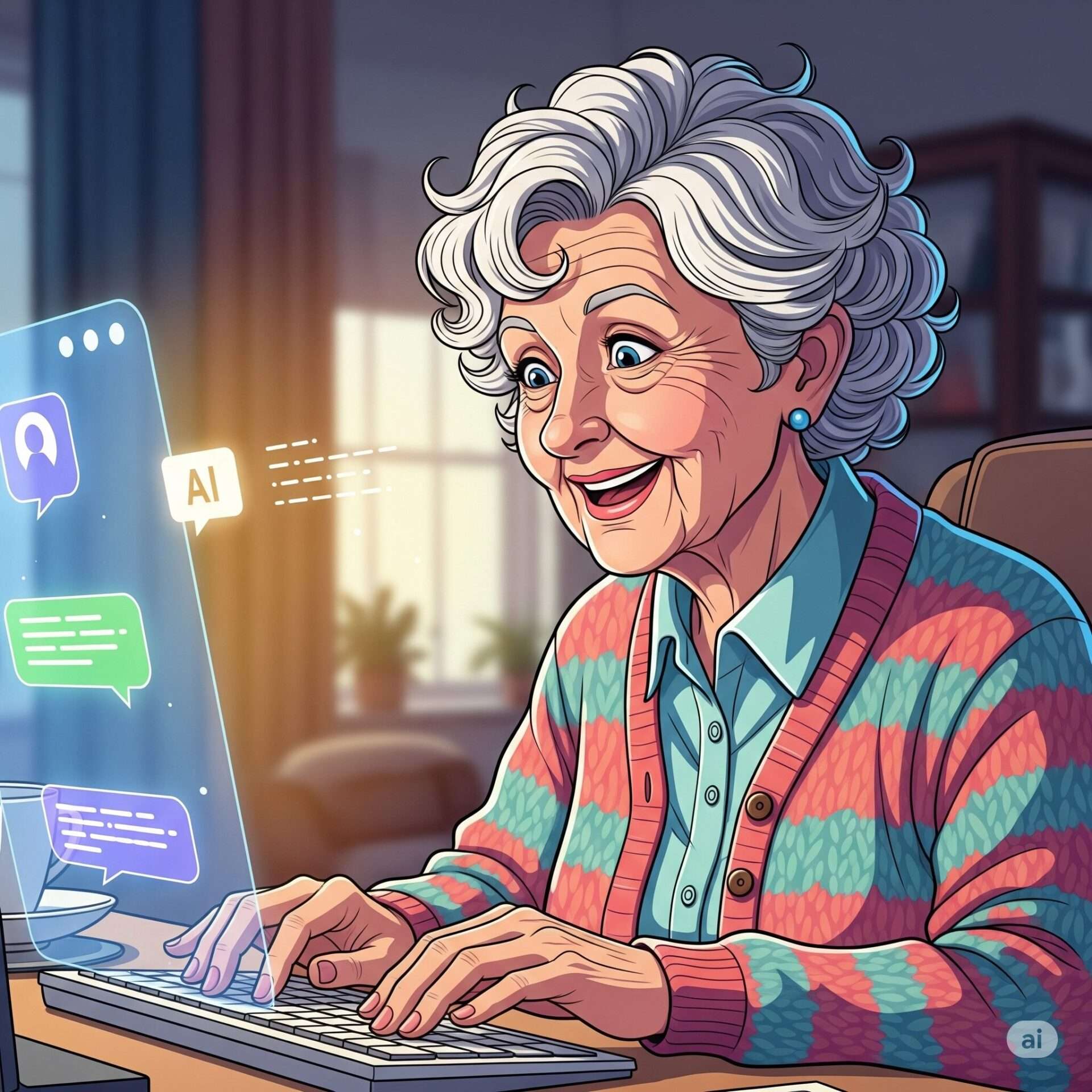 シニア女性が、AIとのチャット画面を覗き込み、質問を書き込んでいるイラスト