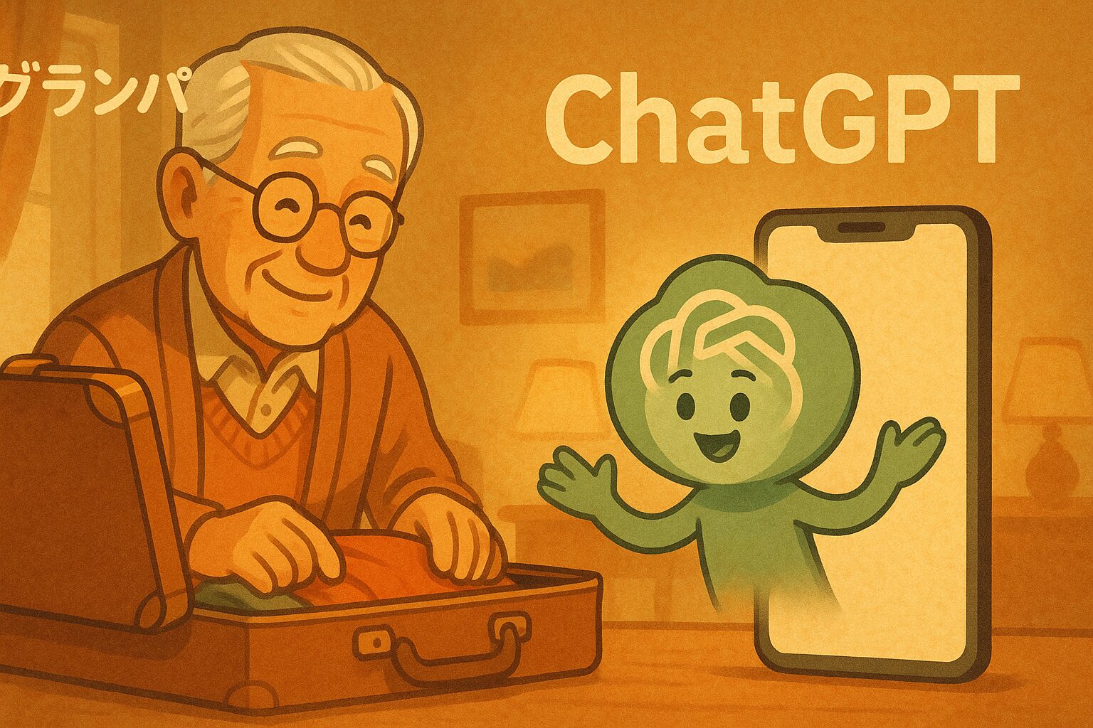 旅行の荷造りに悩むグランパの前で、スマートフォンの画面から現れたChatGPTキャラクターが優しく助言する温かなイラスト。