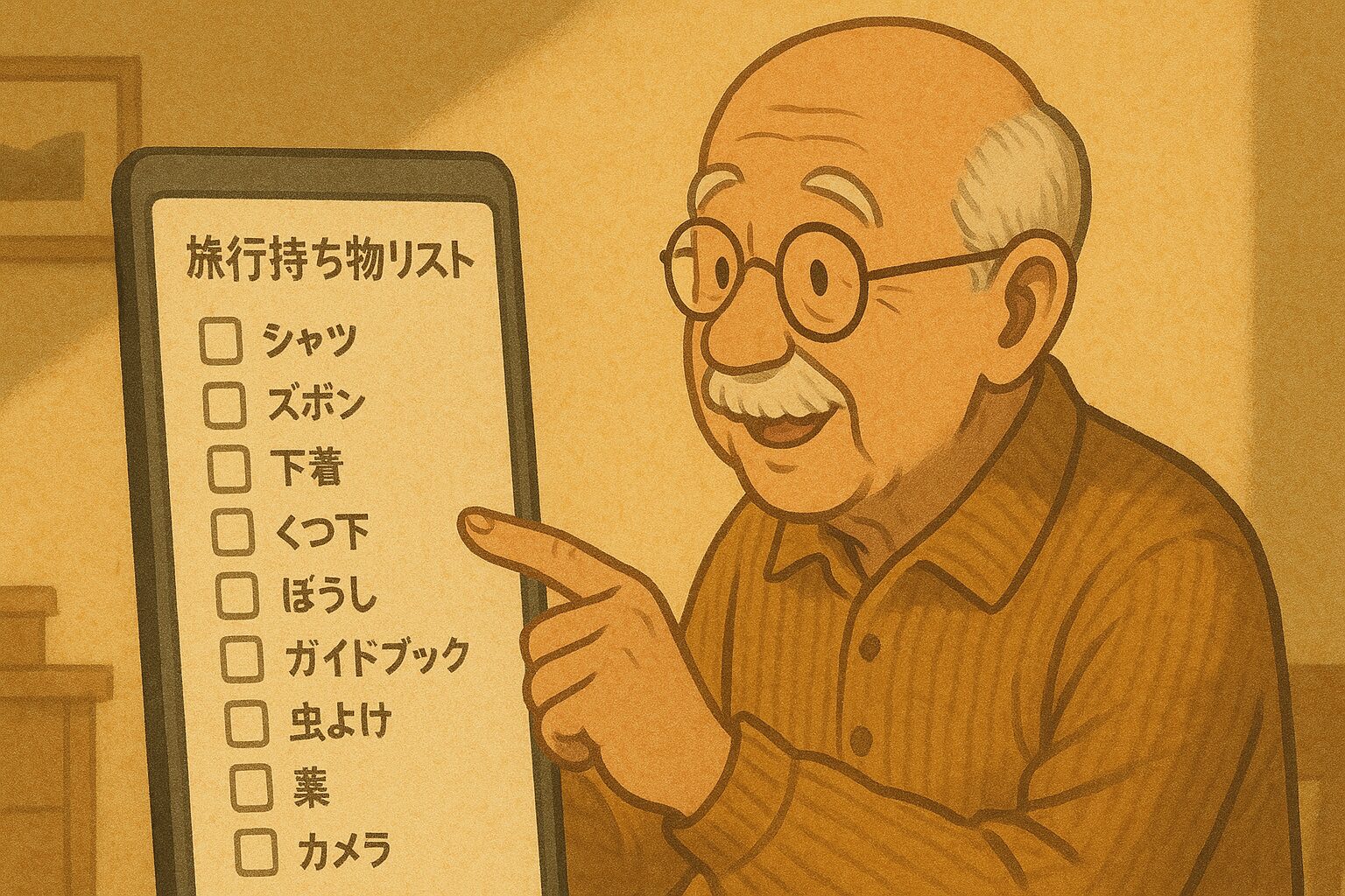 画面に表示された旅行持ち物リストを指差し確認するシニア男性のイラスト。すっきりしたUIのチェックリストが見える構図。