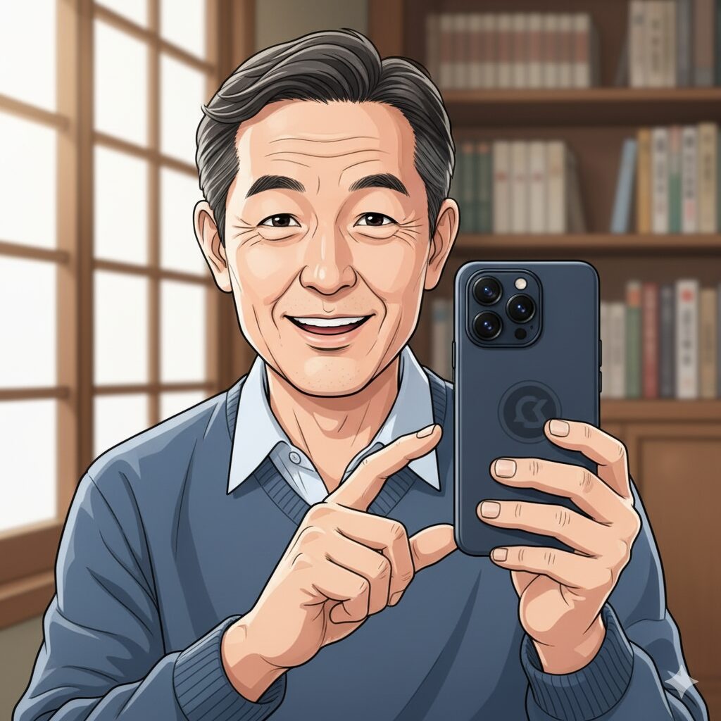 オンラインコミュニティを楽しむ60代男性のイラスト