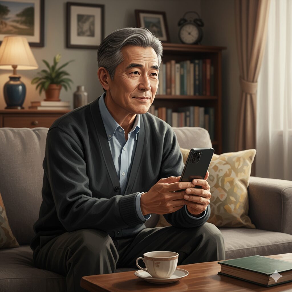 リビングで静かにスマートフォンを見つめる男性のイラスト