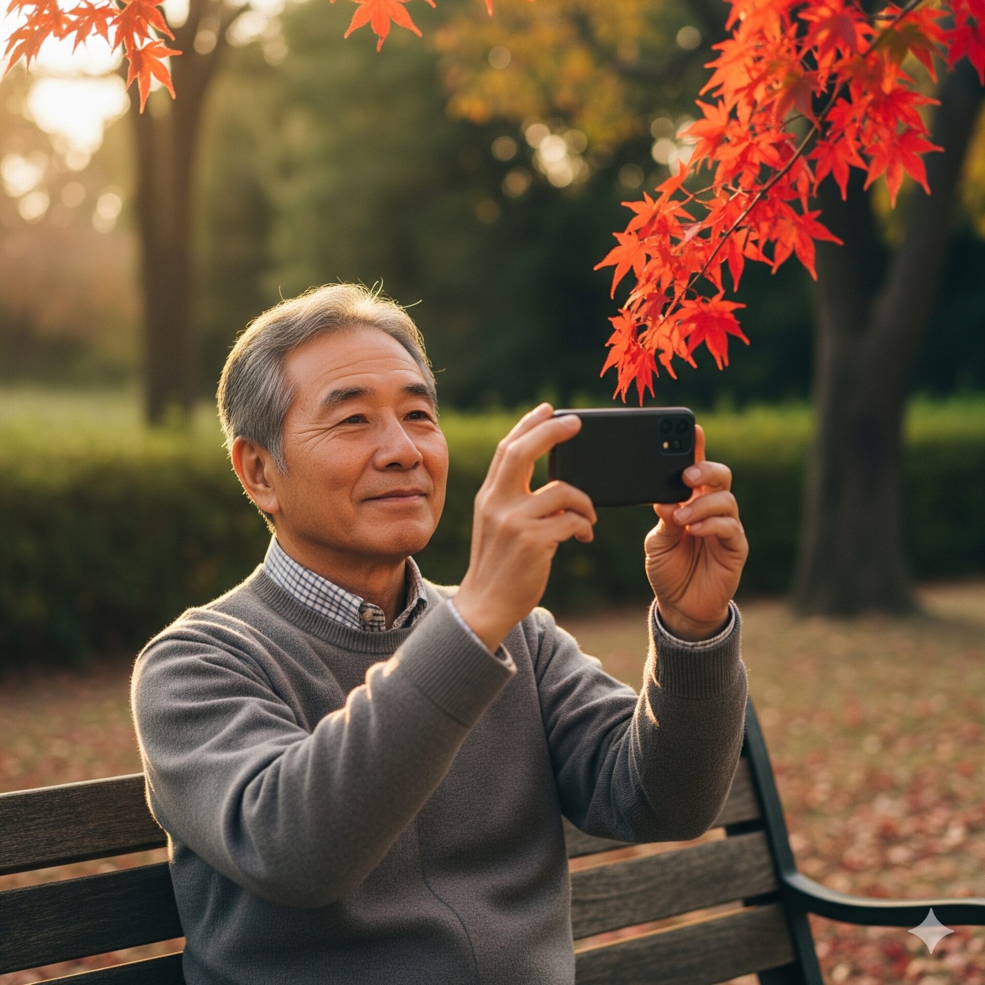 初秋の陽光が降り注ぐ公園のベンチで、60代の男性がスマートフォンを両手でそっと構えている。画面に映るのは燃えるような紅葉。彼の瞳は少年のように輝き、新しい世界を発見した喜びがその横顔から静かに伝わってくる。