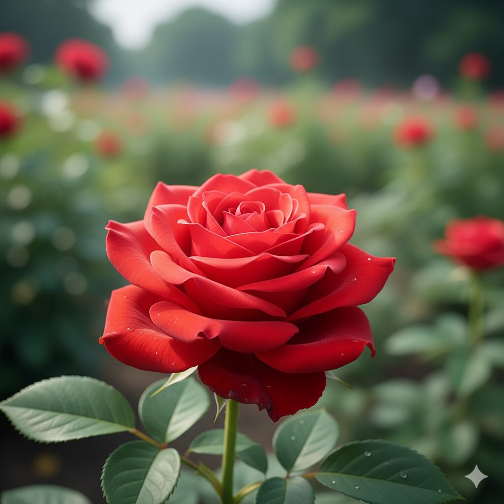 公園の花壇に咲く一輪の赤いバラが、ポートレートモードで撮影されている。バラの鮮やかな赤と花びらの瑞々しさはくっきりと、背景の緑は夢のように柔らかくぼけており、その花の持つ生命力を感じさせる一枚となっている。