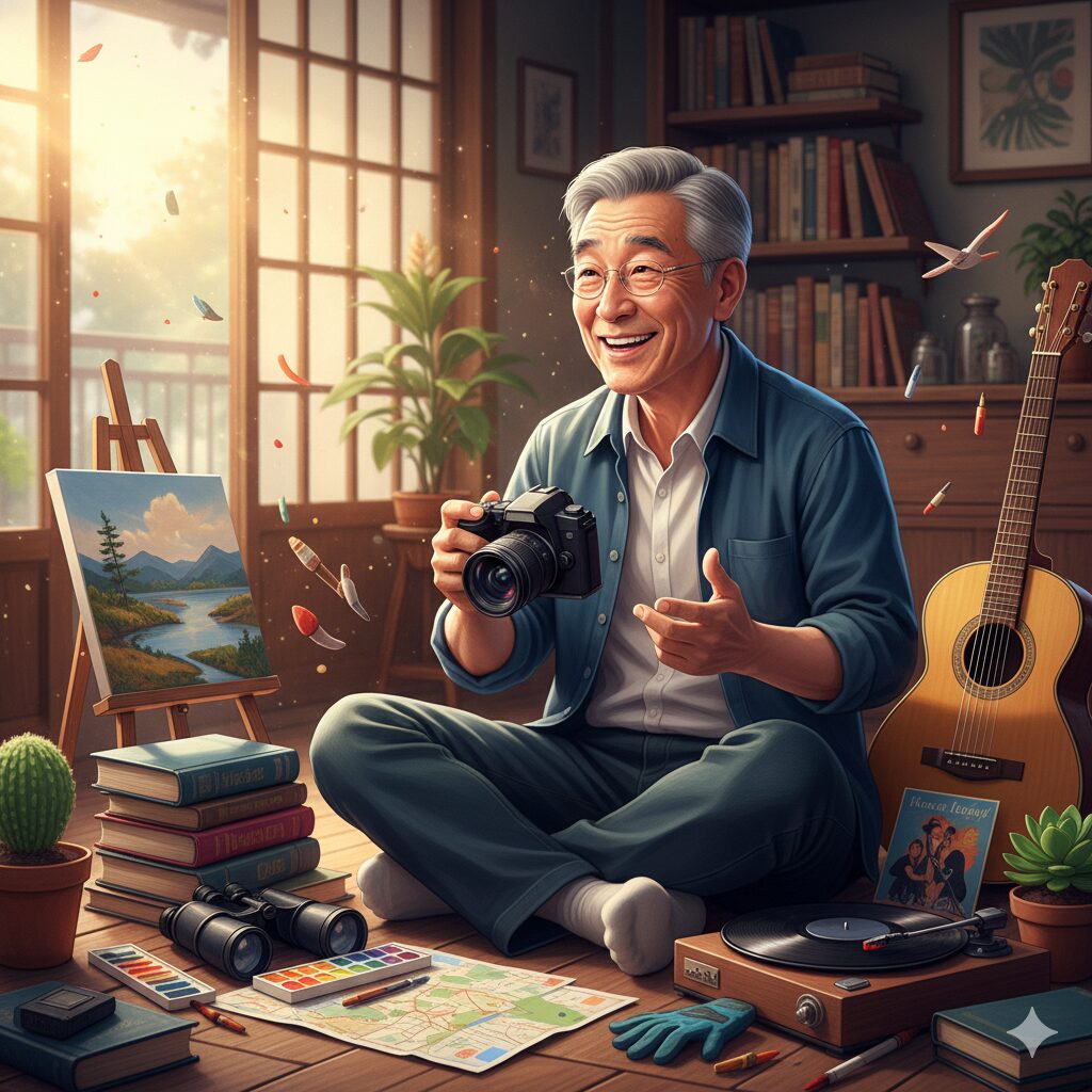趣味のアイテムに囲まれワクワクする男性のイラスト