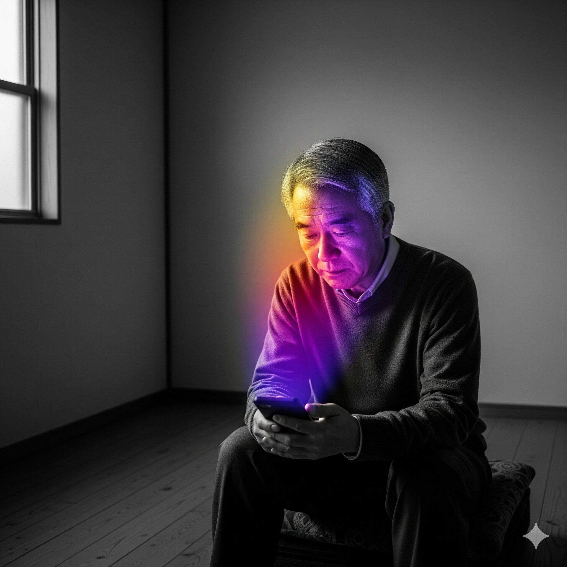 孤独な部屋でスマートフォンを眺める男性と、画面から広がるカラフルな光のイラスト
