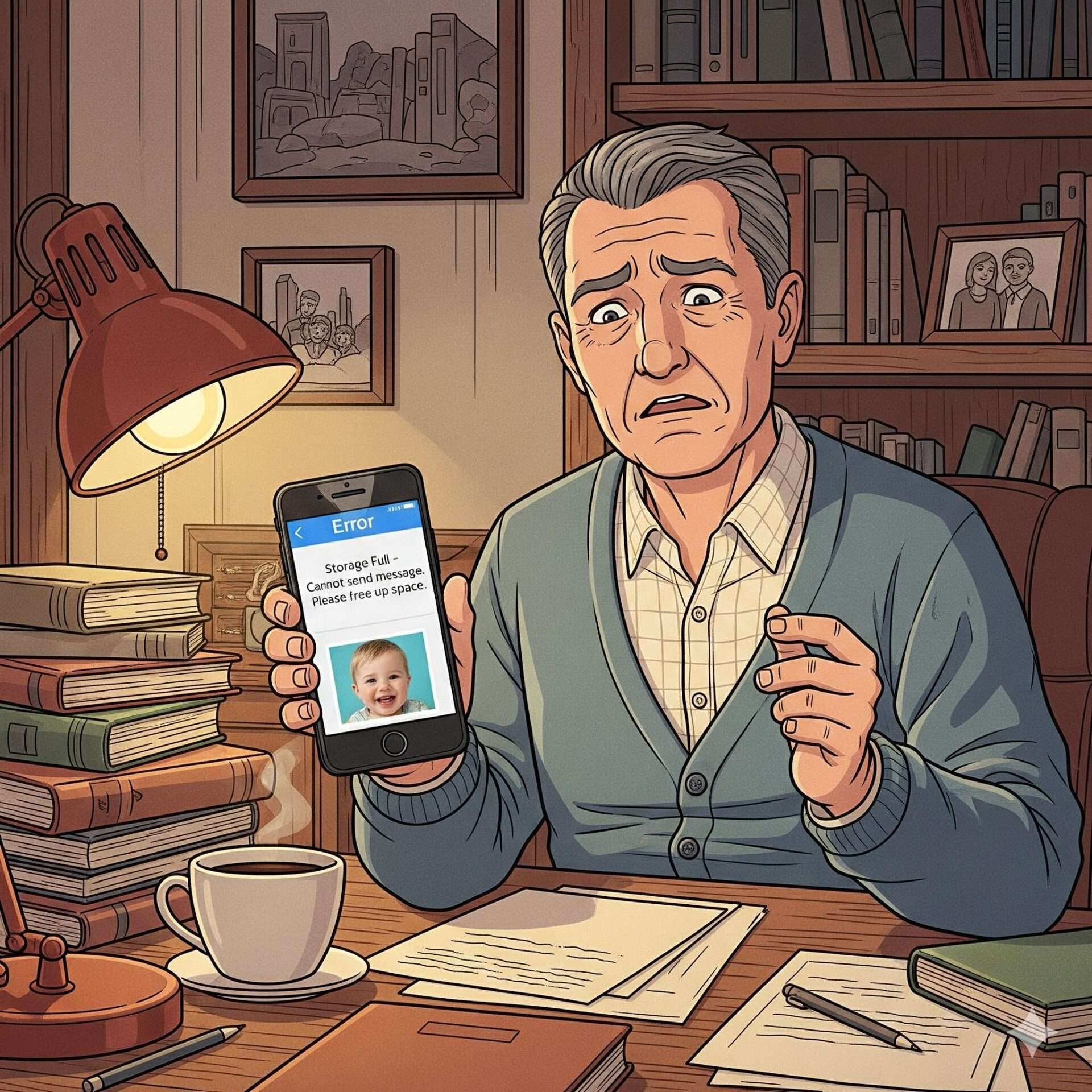 自宅の書斎で、64歳の男性がスマートフォンを手に困惑した表情を浮かべている。画面には容量不足のエラーメッセージ。大切な孫の写真を送れないもどかしさと、デジタルへの苦手意識が描かれている。