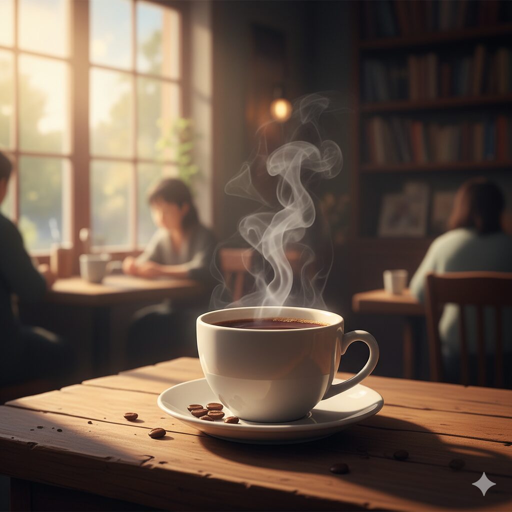 カフェのテーブルに置かれた湯気の立つコーヒーカップの写真。少し暗めに調整されており、落ち着いた雰囲気を醸し出している。カップの向こうには窓からの柔らかな光が差し込み、午後の静かな時間を物語っている。