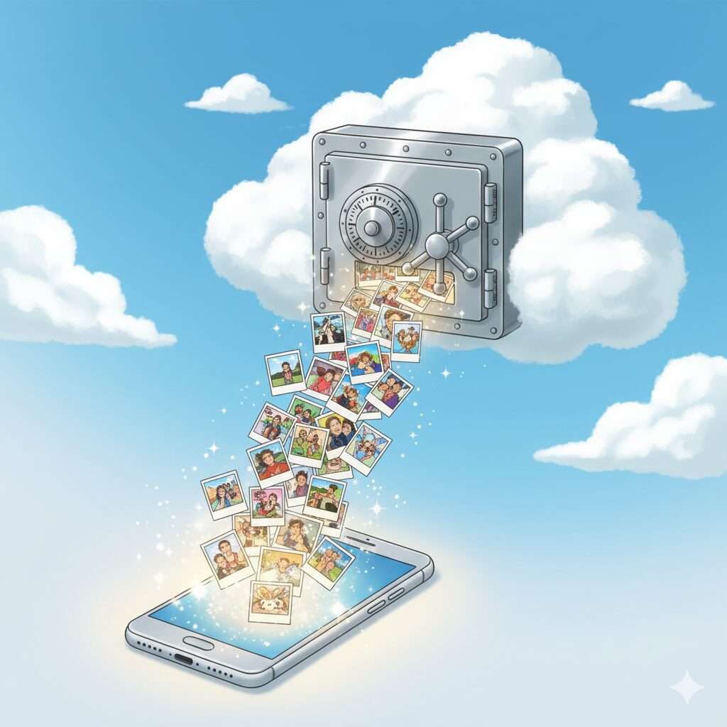 スマートフォンから写真がふわりと浮かび上がり、空に浮かぶ鍵のかかった安全な雲(クラウド)に吸い込まれていく。スマホ本体は軽くなり、思い出は安全な場所に保管されるイメージ。