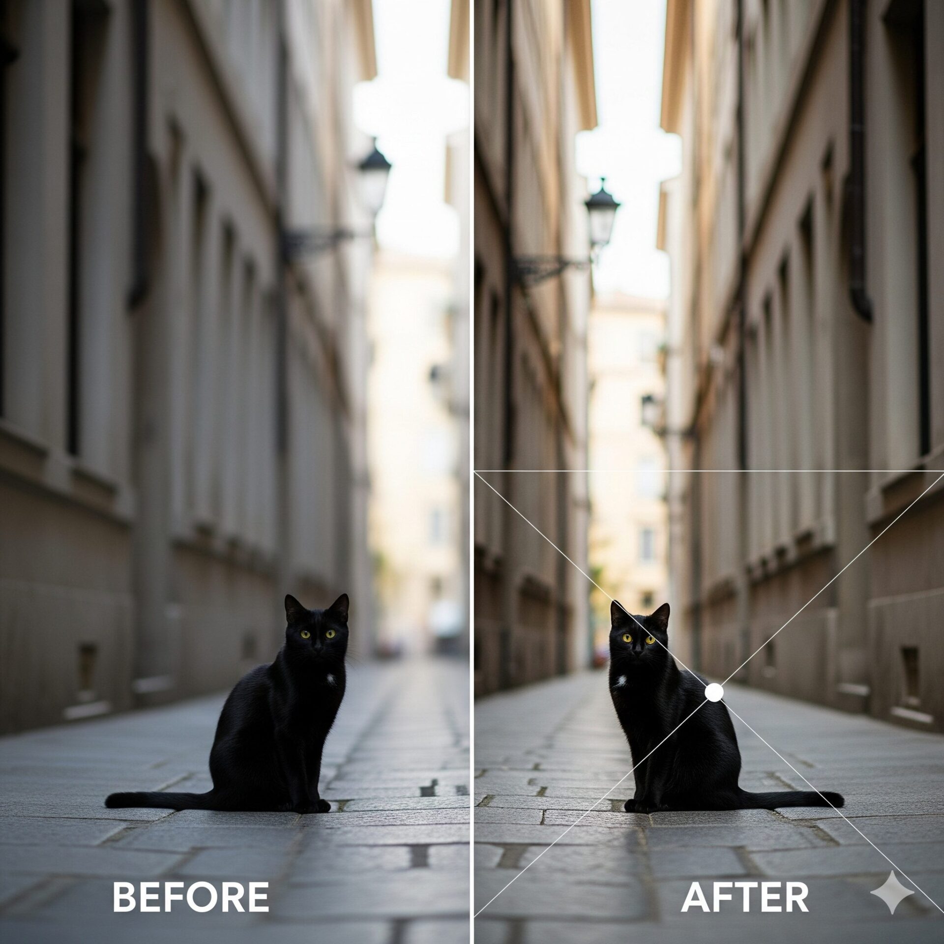 左右に並んだ二枚の路地の写真。左(ビフォー)は一匹の猫が画面の真ん中にぽつんと写り、平凡な印象。右(アフター)は同じ猫が画面の左下に配置され、奥に続く路地の風景が美しく写り込み、物語性を感じさせる一枚に仕上がっている。