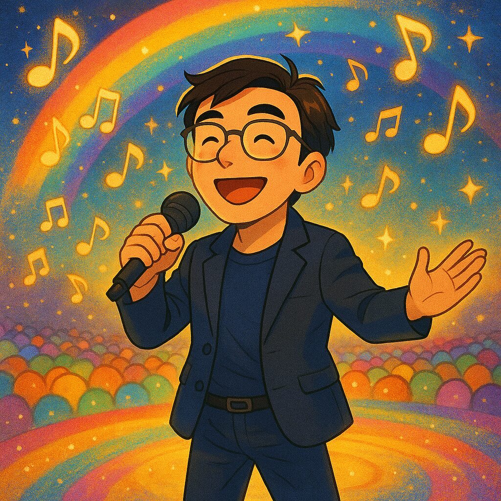 優しい目をした60代の男性「グランパ」の似顔絵イラスト。チェックのシャツを着ており、背景には本棚が描かれている。穏やかで信頼できる雰囲気を醸し出している。