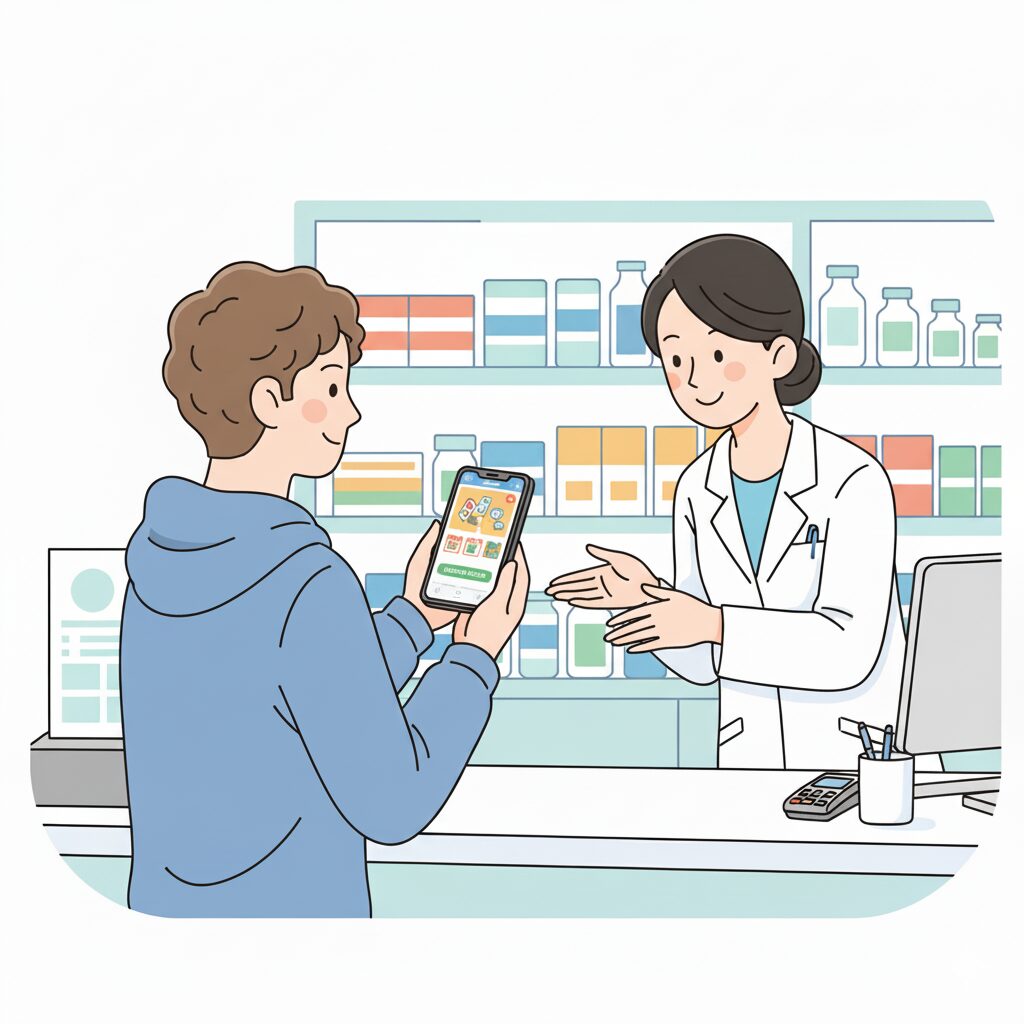 【図解4】薬局の窓口で薬剤師にスマホのアプリ画面を見せ、「記録をお願いします」と依頼している様子のイメージ。
