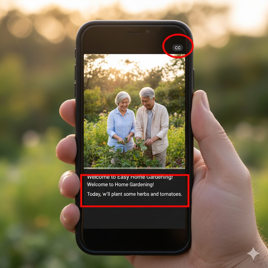 【図解5】YouTube動画再生画面でCC（字幕）ボタンをタップし、画面下に字幕が表示されている状態。