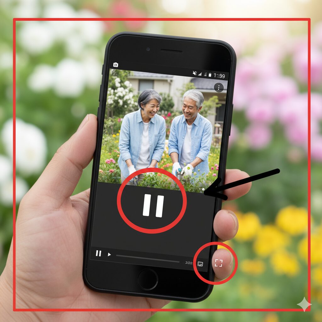 【図解3】YouTube動画の再生画面。一時停止アイコン（中央）と、全画面表示アイコン（右下）の位置を示す画面。