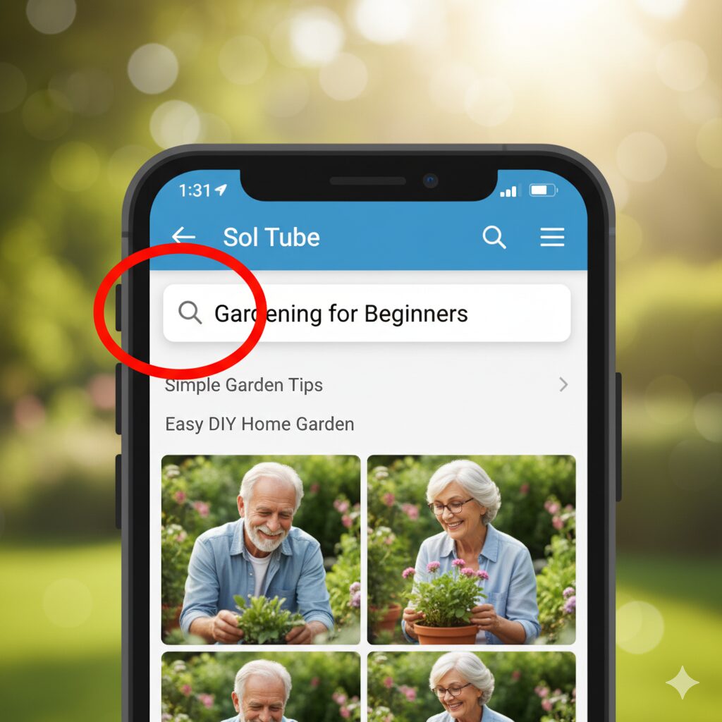 【図解1】YouTubeアプリの検索窓に「検索のコツ」の例を入れ、虫眼鏡マークをタップする画面。