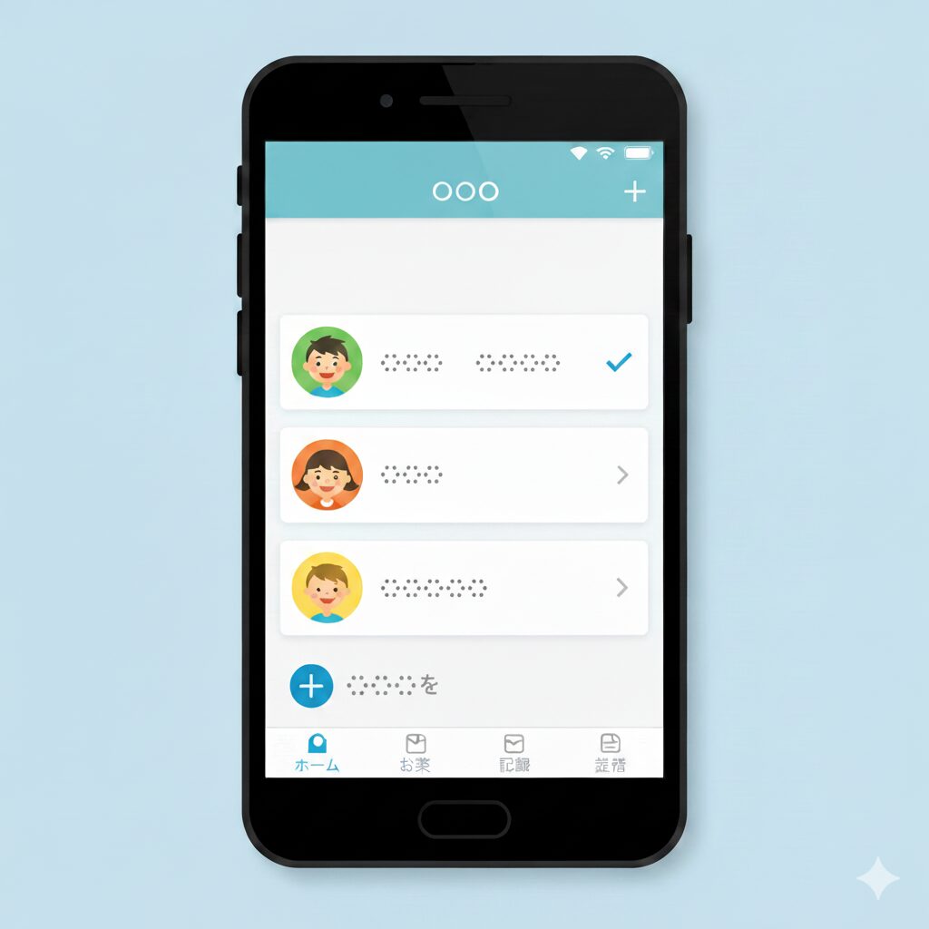 【図解5】お薬手帳アプリ内で複数の家族の名前を登録し、簡単に切り替えられる画面のキャプチャ。