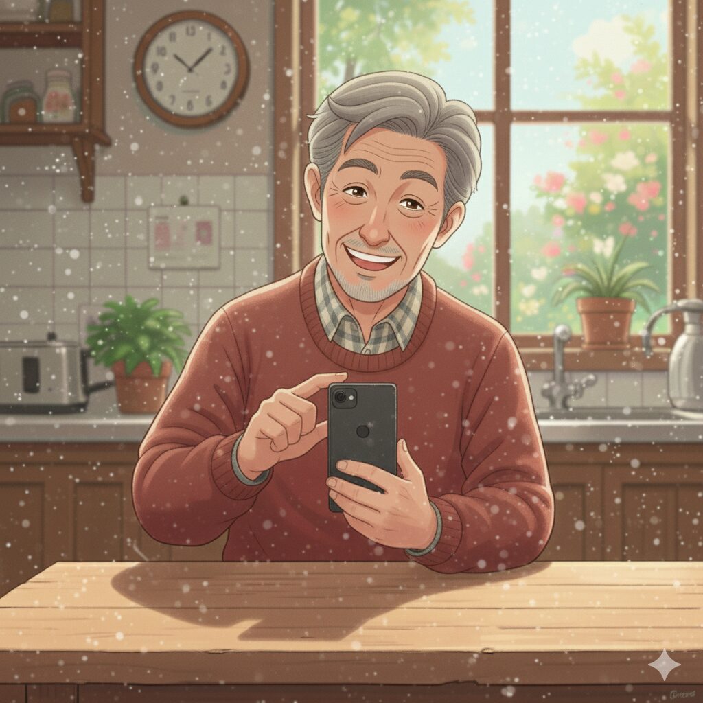 グランパが満面の笑みを浮かべ、両手でスマホを大切に持っている、温かい雰囲気のイラスト