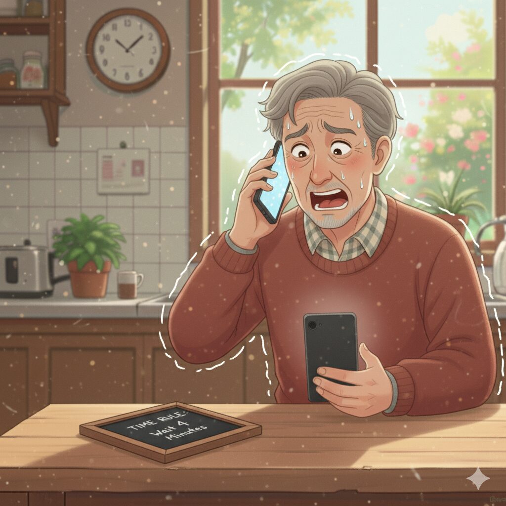 グランパが焦った表情でスマホを持ち、頭上にランプが点灯しているイラスト