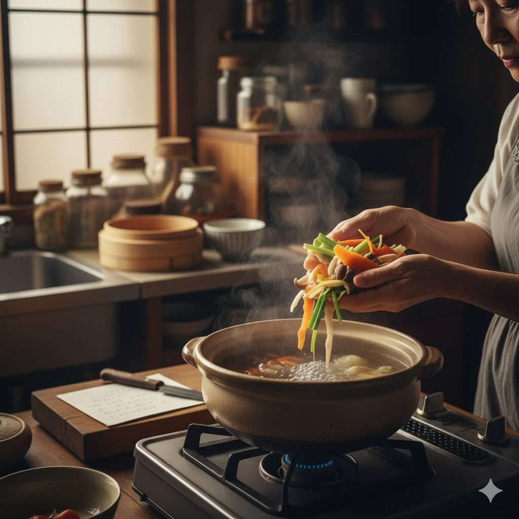 野菜の皮やヘタを使って出汁をとる昭和の主婦の知恵のイメージ