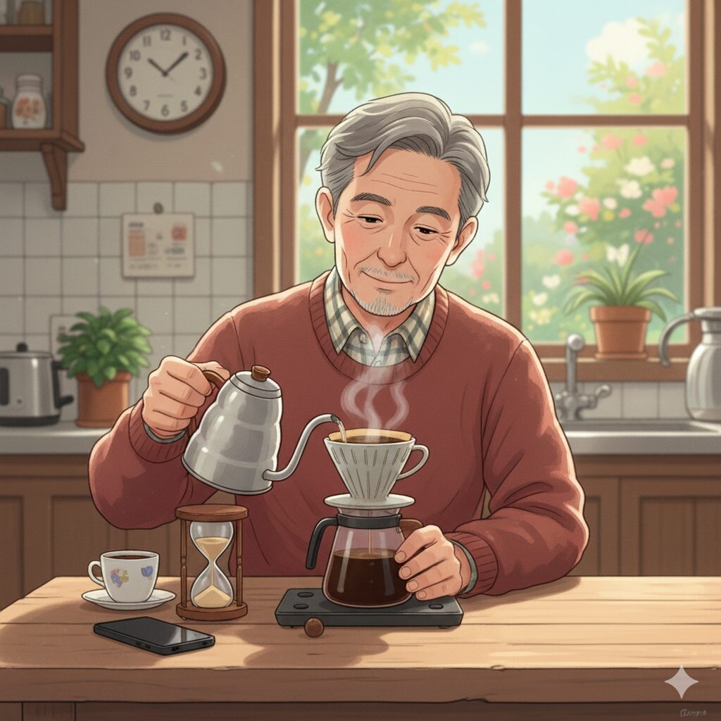 LINEの怪しいメッセージを見ながら、冷静にコーヒーを飲むグランパのイラスト