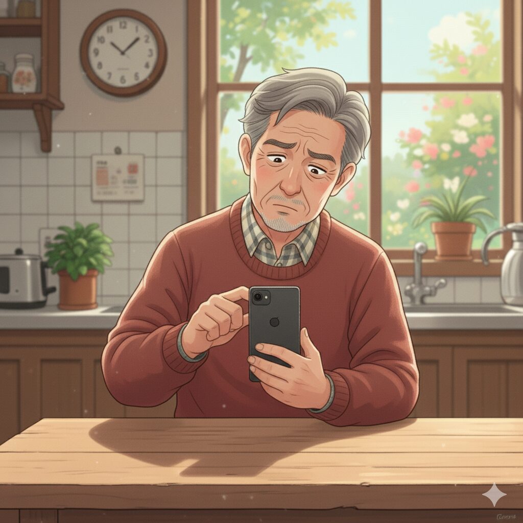 LINEのメッセージを見ながら首をかしげるグランパのイラスト