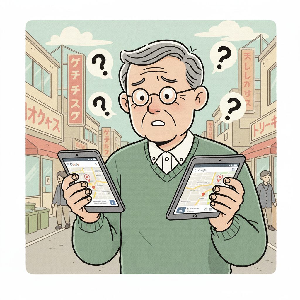 スマホの画面を不審そうに見つめ、困惑した表情を浮かべるシニアの男性（グランパ）のイラスト。