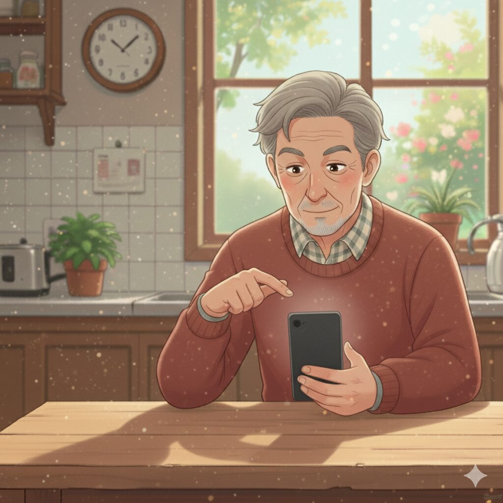 グランパがスマホの設定画面を指さしているイラスト