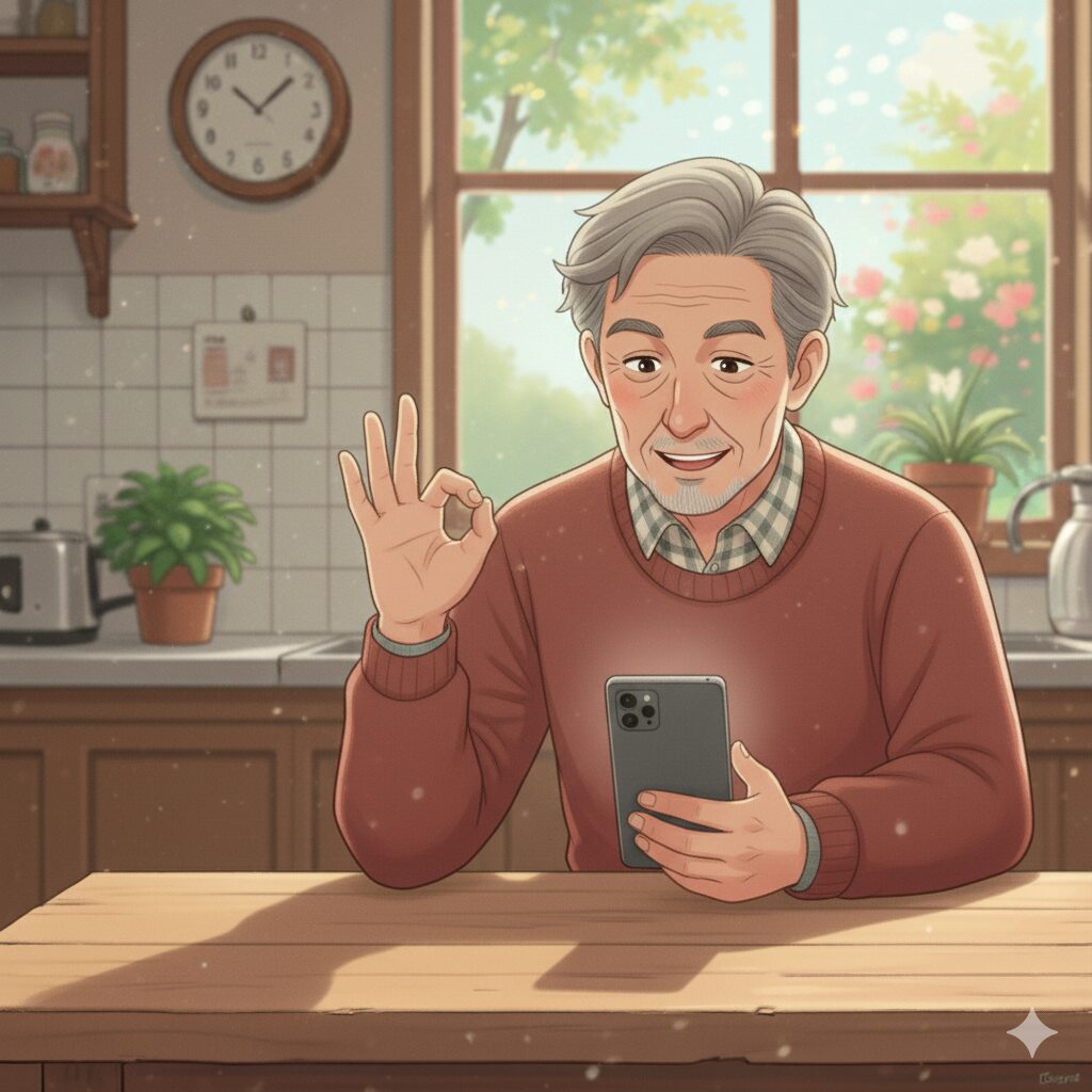 グランパがスマホを両手に持ち、笑顔でOKサインを出しているイラスト