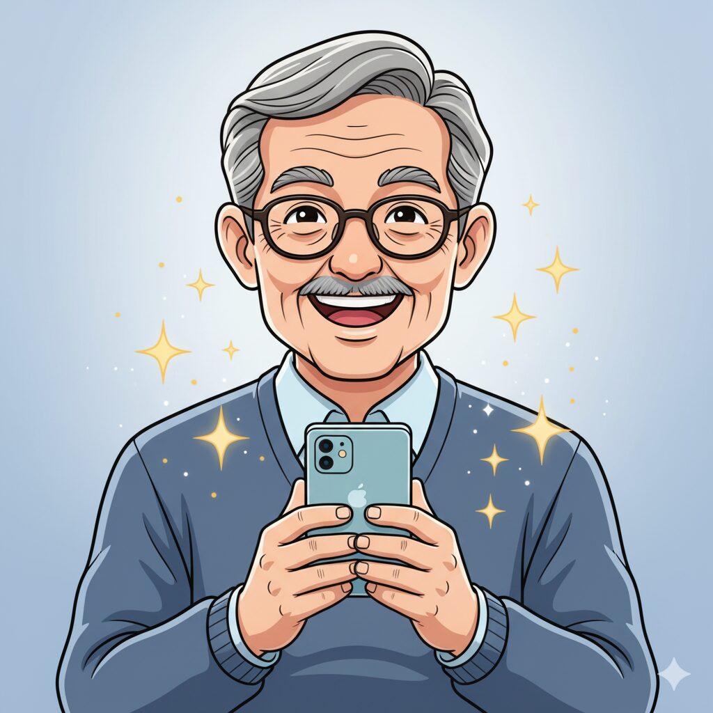 満面の笑みでスマホを両手で持ち、カメラ目線で自信に満ちた表情を浮かべているシニアの男性（グランパ）のイラスト。