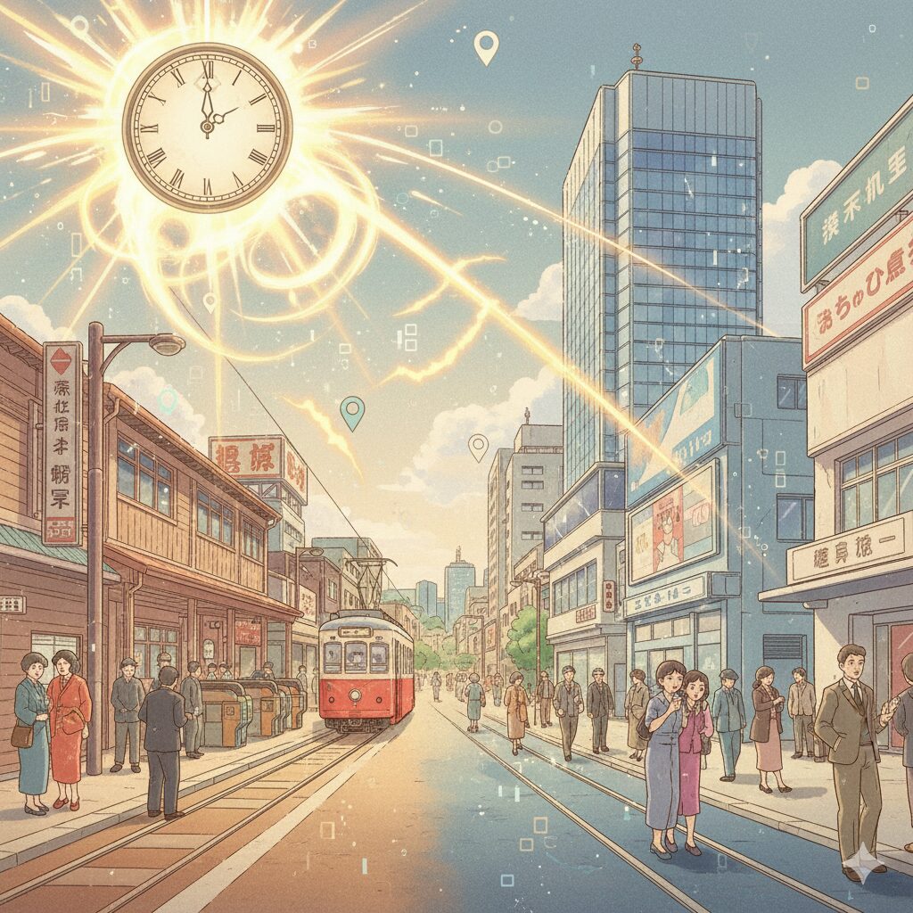 時計のマークから光が放たれ、古い時代と現代の風景が重なり合って見えるような抽象的なイラスト。タイムスリップのイメージ。