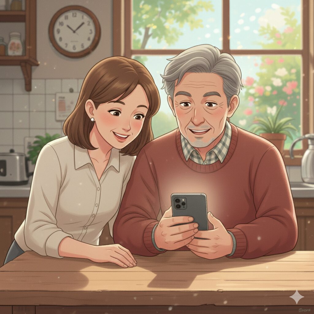 グランパと娘がスマホを一緒に見て笑顔で親指を立てているイラスト