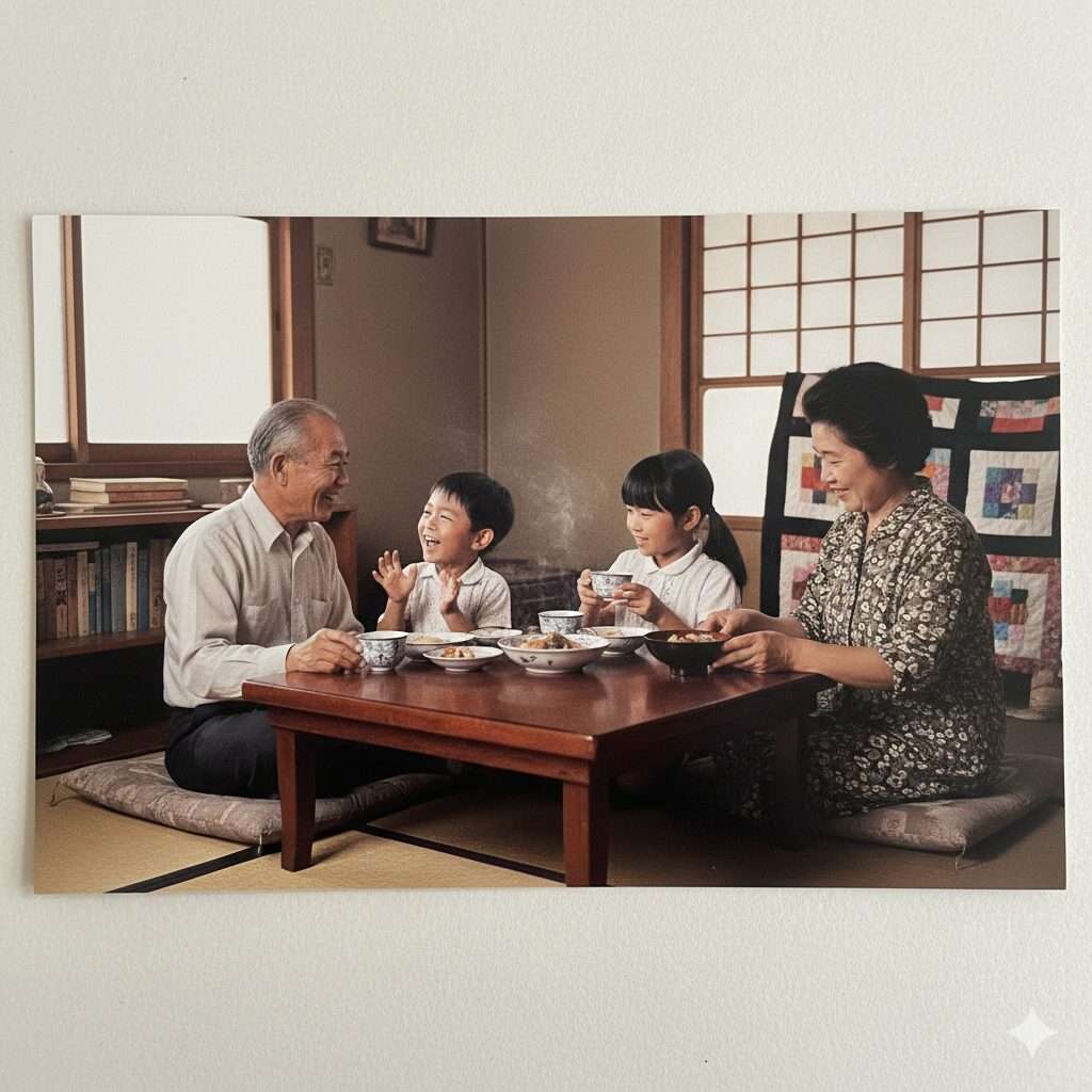 異なる世代が一緒にテーブルを囲んで手作業をしている様子