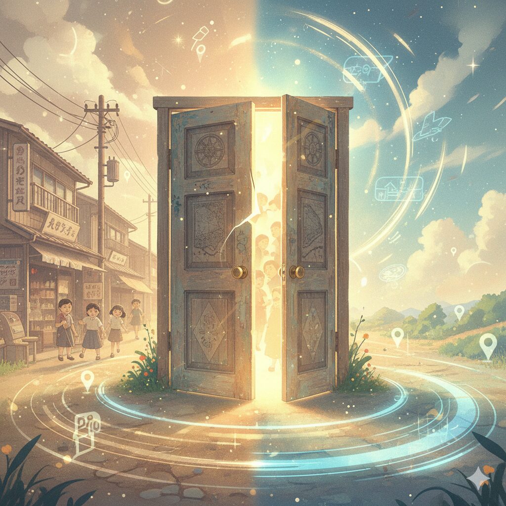 ノスタルジックで幻想的な風景の中に、古い建物の入り口のようなものが描かれています。思い出の場所への扉を象徴するイラストです。