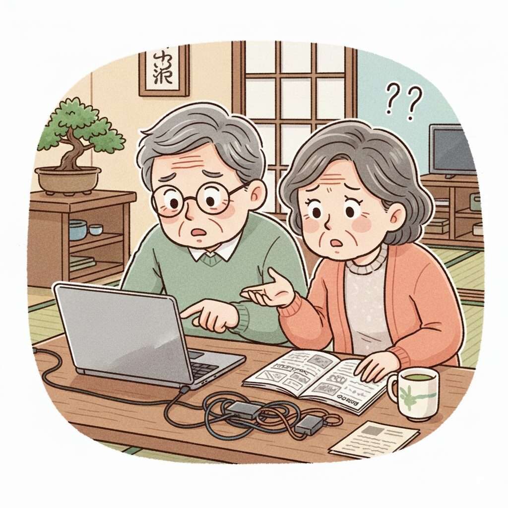 困った表情でパソコンを使うシニア夫婦