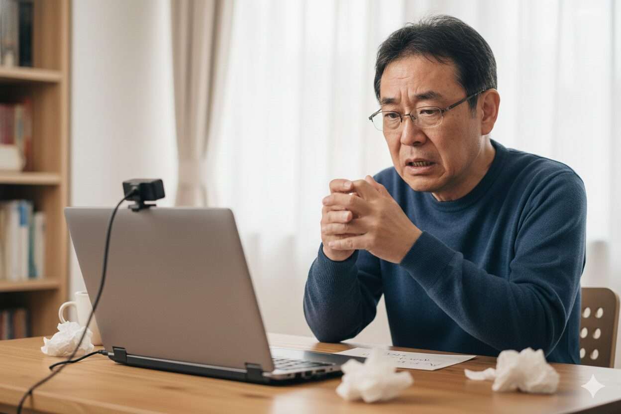 カメラの前で緊張する様子