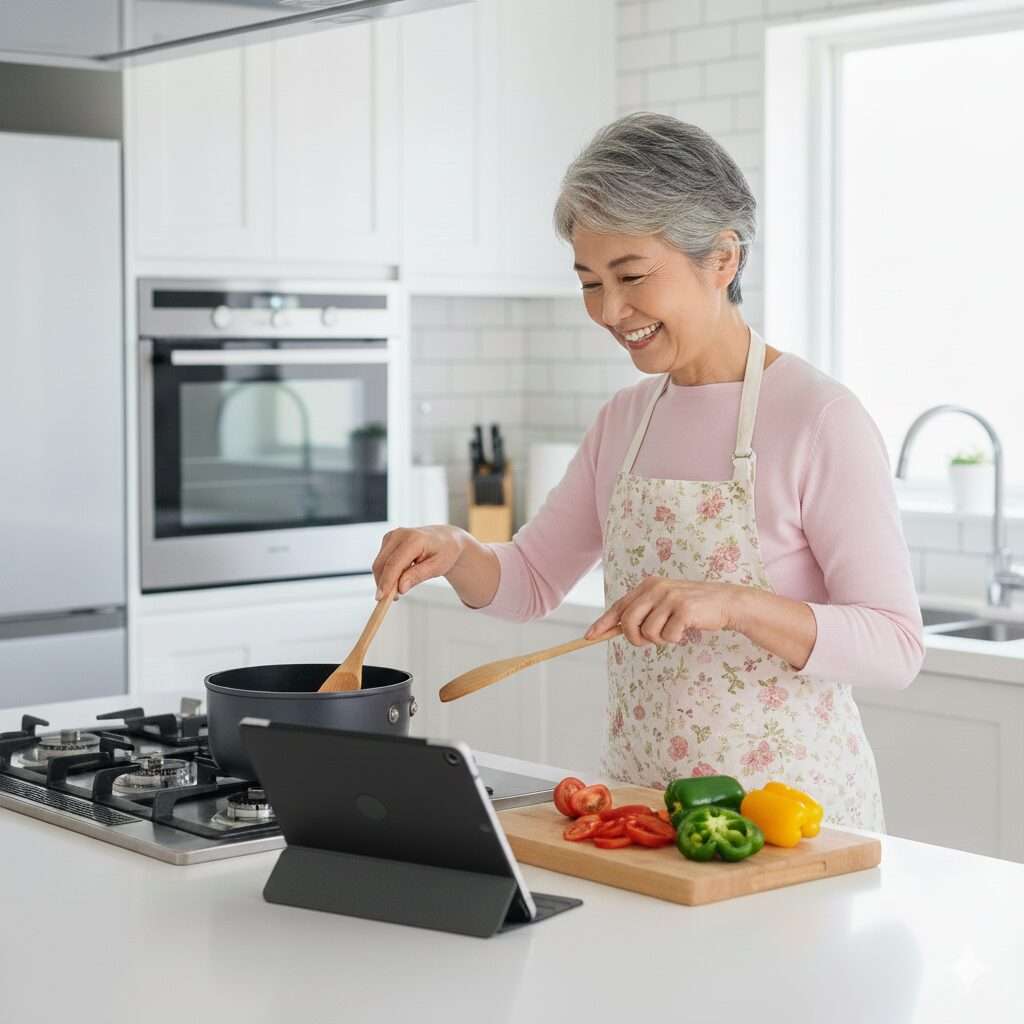 タブレットでレシピ動画を見ながら料理をするシニア世代のイメージ