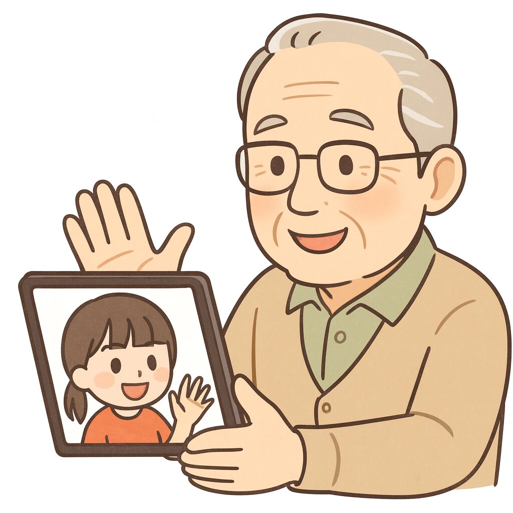 孫とビデオ通話をしている優しいグランパのイメージ