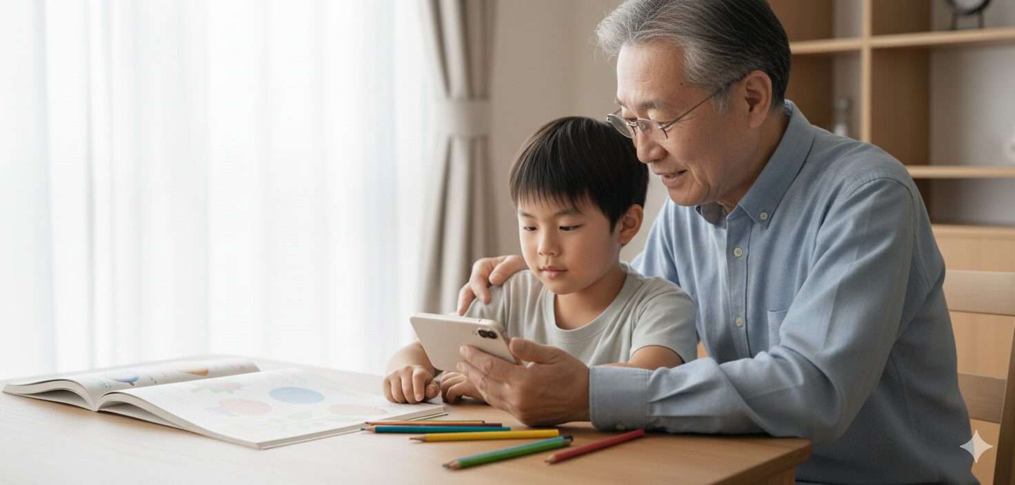 図鑑とスマホの画面を並べて見比べるイメージ