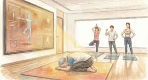 ヨガマットの上で体を丸めて休息のポーズ(チャイルドポーズ)をとるシニア男性のイラスト