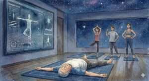 満天の星空が投影されたスタジオで、シャバーサナをして最高にリラックスしている男性の水彩画