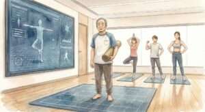 最新AIヨガスタジオの巨大スクリーンの前で、戸惑って立ち尽くす60代男性の水彩イラスト