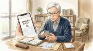 未納料金メールに困惑するシニア男性のイラスト