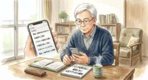 未納料金メールに困惑するシニア男性のイラスト