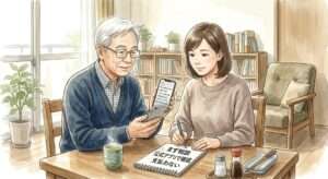 未納料金メールに困惑するシニア男性のイラスト