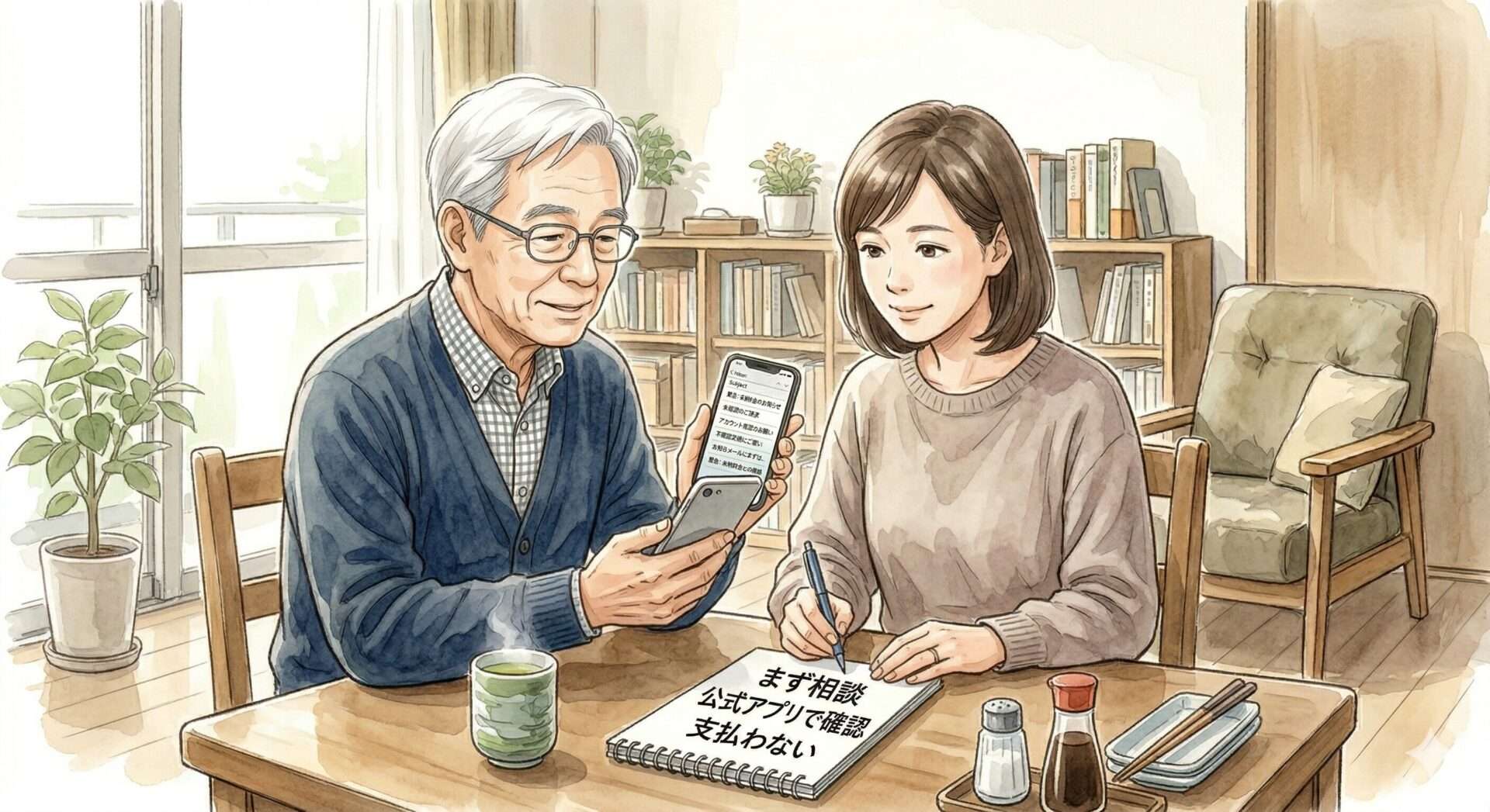 未納料金メールに困惑するシニア男性のイラスト